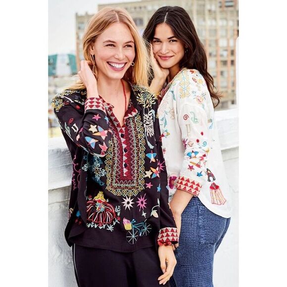 Johnny Was Biya Mishti Cotton Blouse Sz L Boho Embroidered Kitschy - Picture 6 of 16